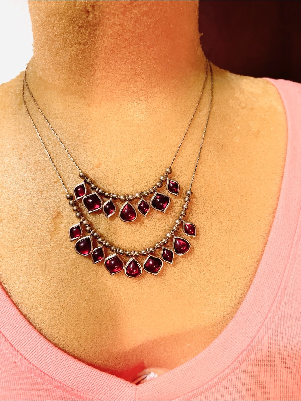 Layered Gold Necklace with Deep Red Gem Accents - Women Jewelry